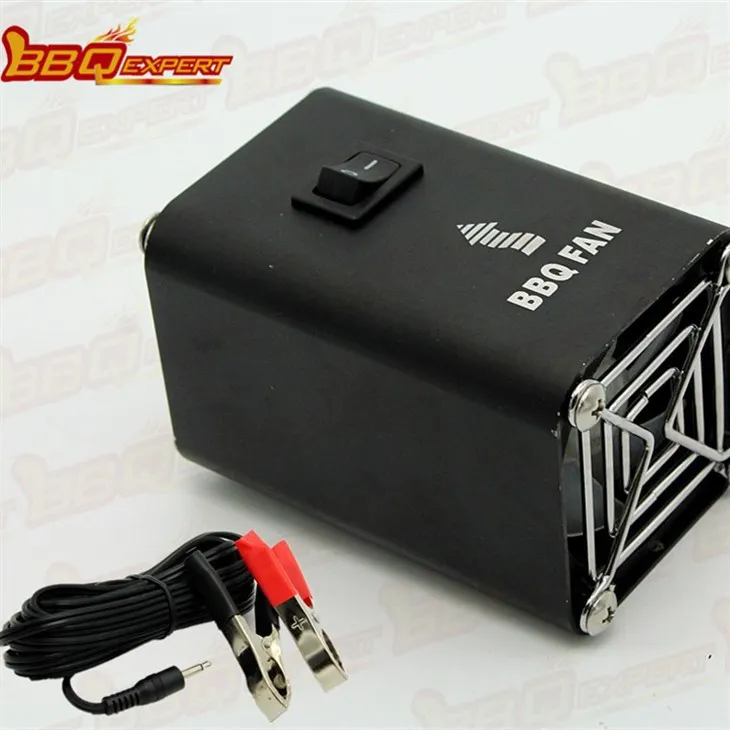 Melns alumīnija elektriskais ugunsdzēsības bedres iedarbināšanas gaisa grila pūtējs 12 V bārbekjū ventilators ar aligatora saspraudes līniju FD315A(S)